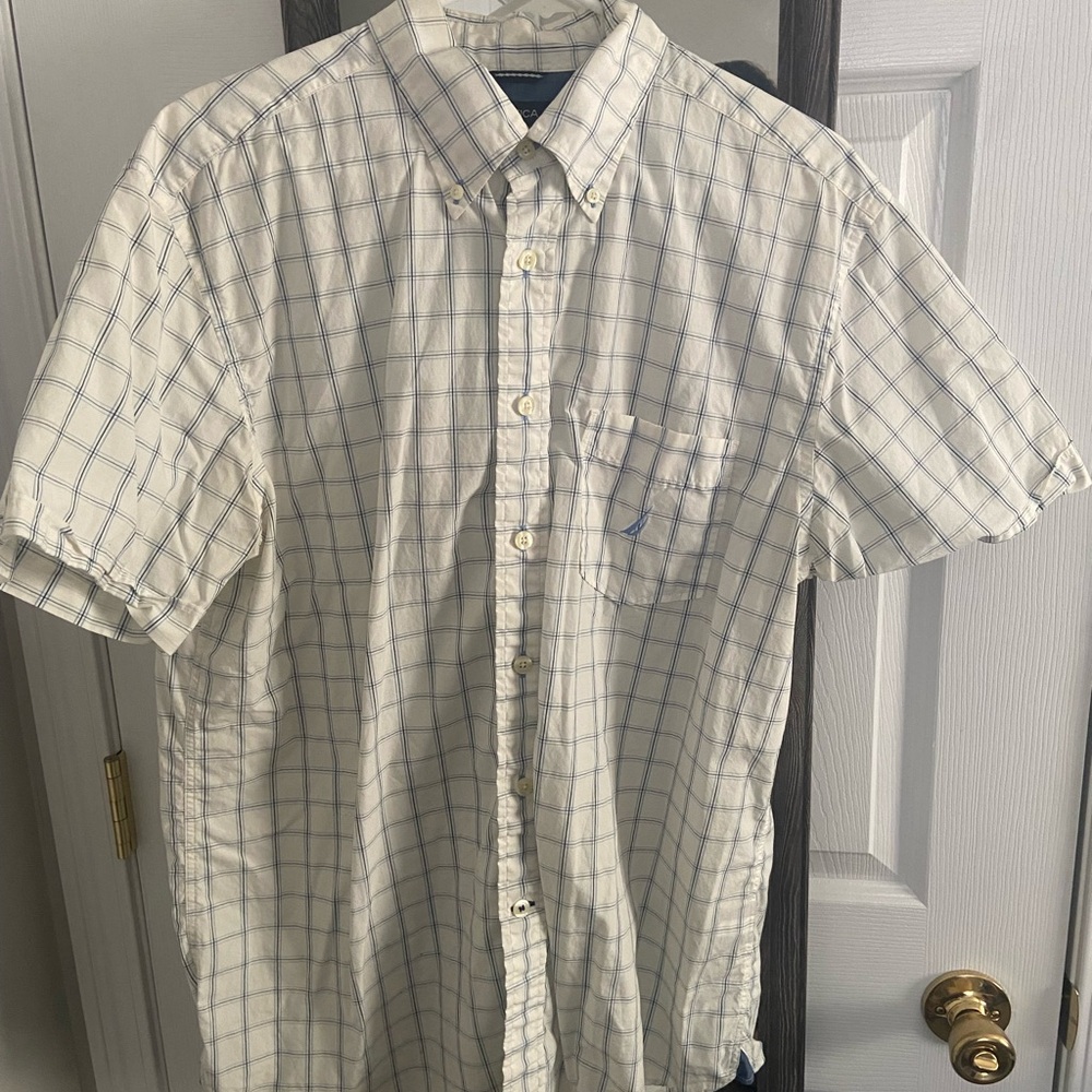 Nautica Men's White and Blue Checkered Shirt